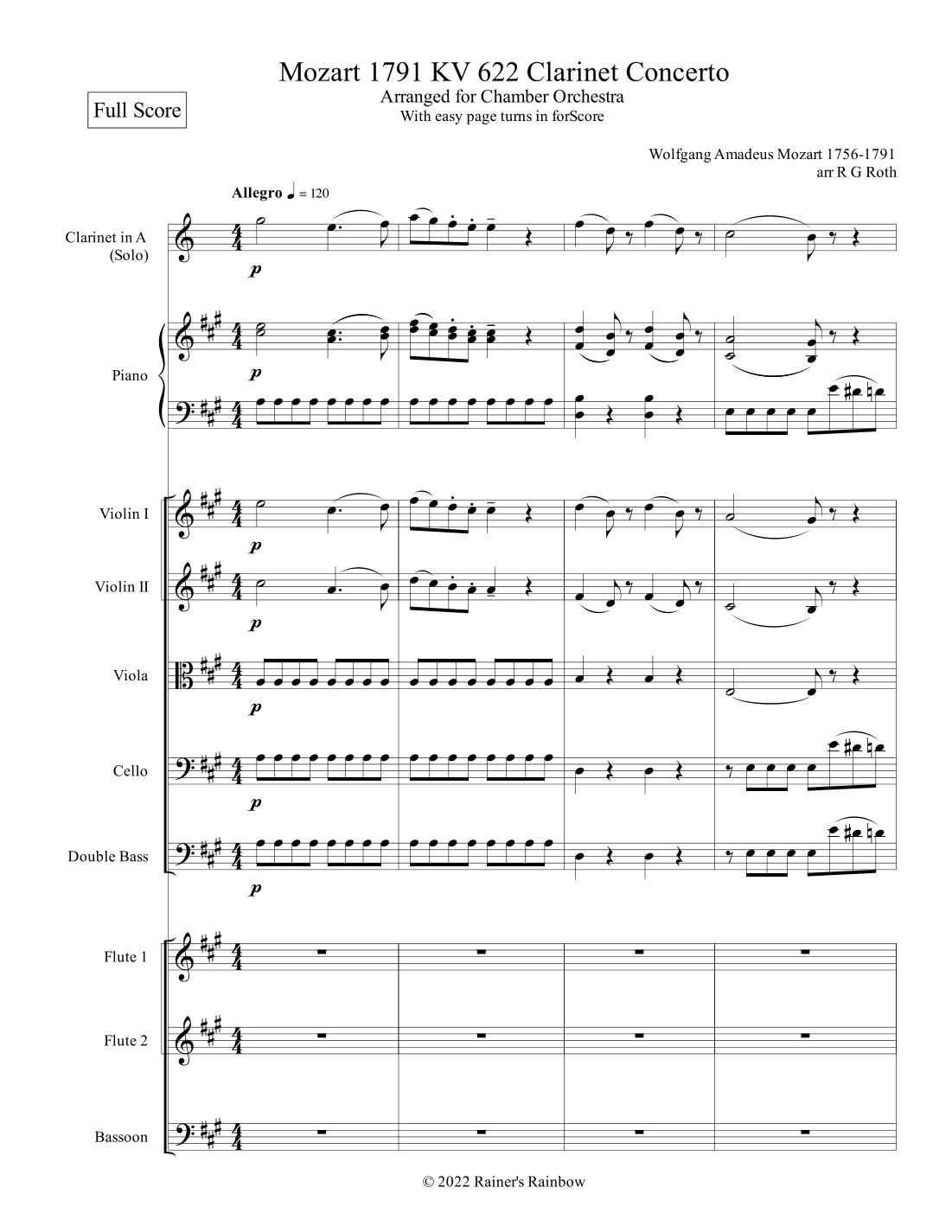 Mozart 1791 KV 622 Clarinet Concerto with Chamber Orchestra (arr. R G Roth)