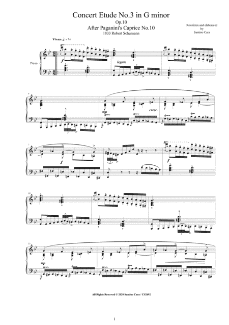 Schumann - Concert Etude No.3 in G minor Op.10 for Piano after Paganini's Caprices (arr. Santino Cara)