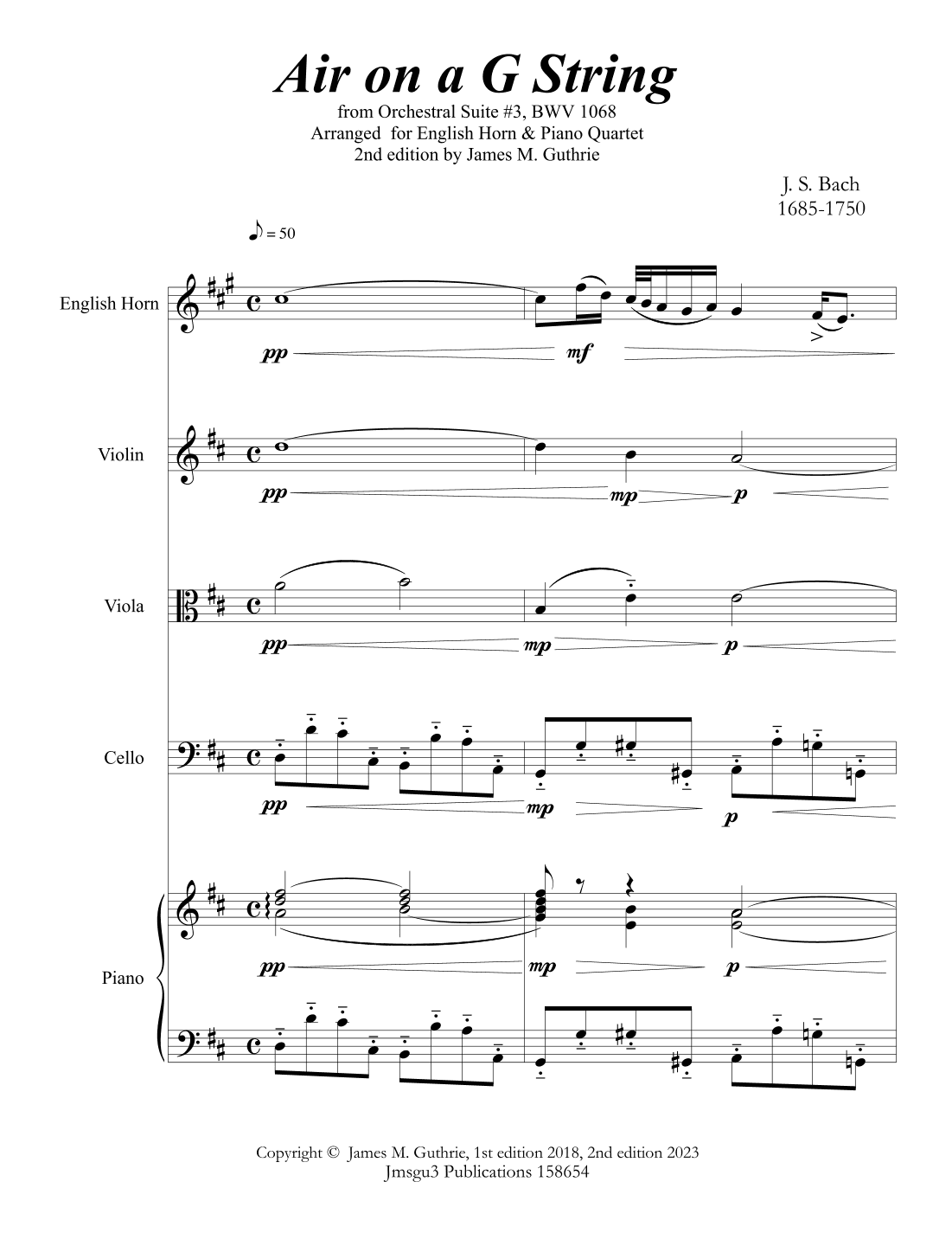 Bach: Air on a G String for English Horn & Piano Quartet (arr. James M. Guthrie, ASCAP)