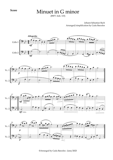 Minuet in G minor BWV anh 115 (Bach) 2 Cellos (arr. Cadu Barcelos)