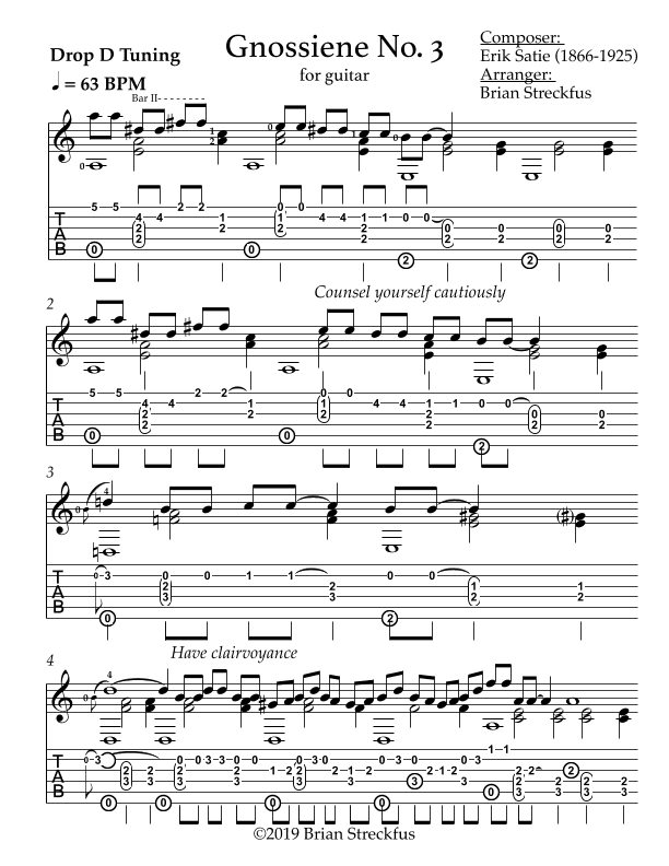 Gnossienne No. 3 (Tablature + Sheet Music) (arr. Brian Streckfus)