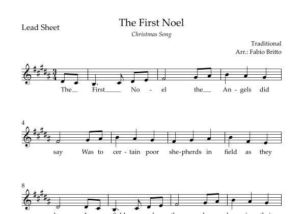 The First Noel (Christmas Song) Lead Sheet in B Major. (arr. Fabio Britto)