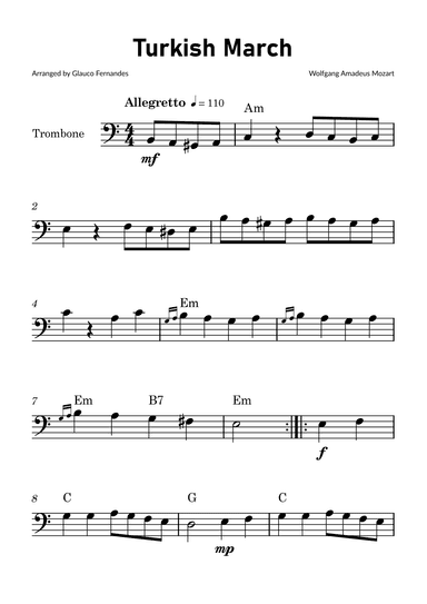 Turkish March by Mozart - Trombone Solo with Chord Notations (arr. Glauco Fernandes)