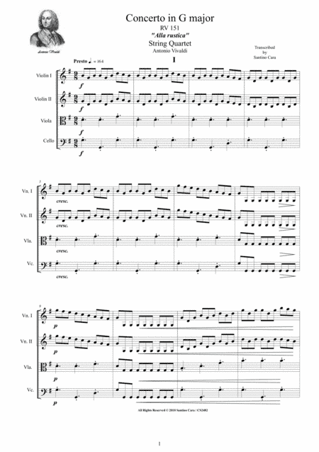 Vivaldi - Concerto in G major 'Alla Rustica' RV 151 for String Quartet (arr. Santino Cara)
