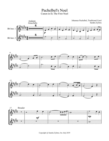 Pachelbel's Noel (treble Bb instrument duet, parts only) (arr. Sandra Zylstra)