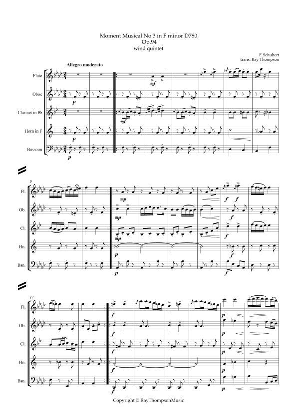 Schubert: Moment Musical Op.94 No.3 in F minor D780 - wind quintet (arr. Ray Thompson)