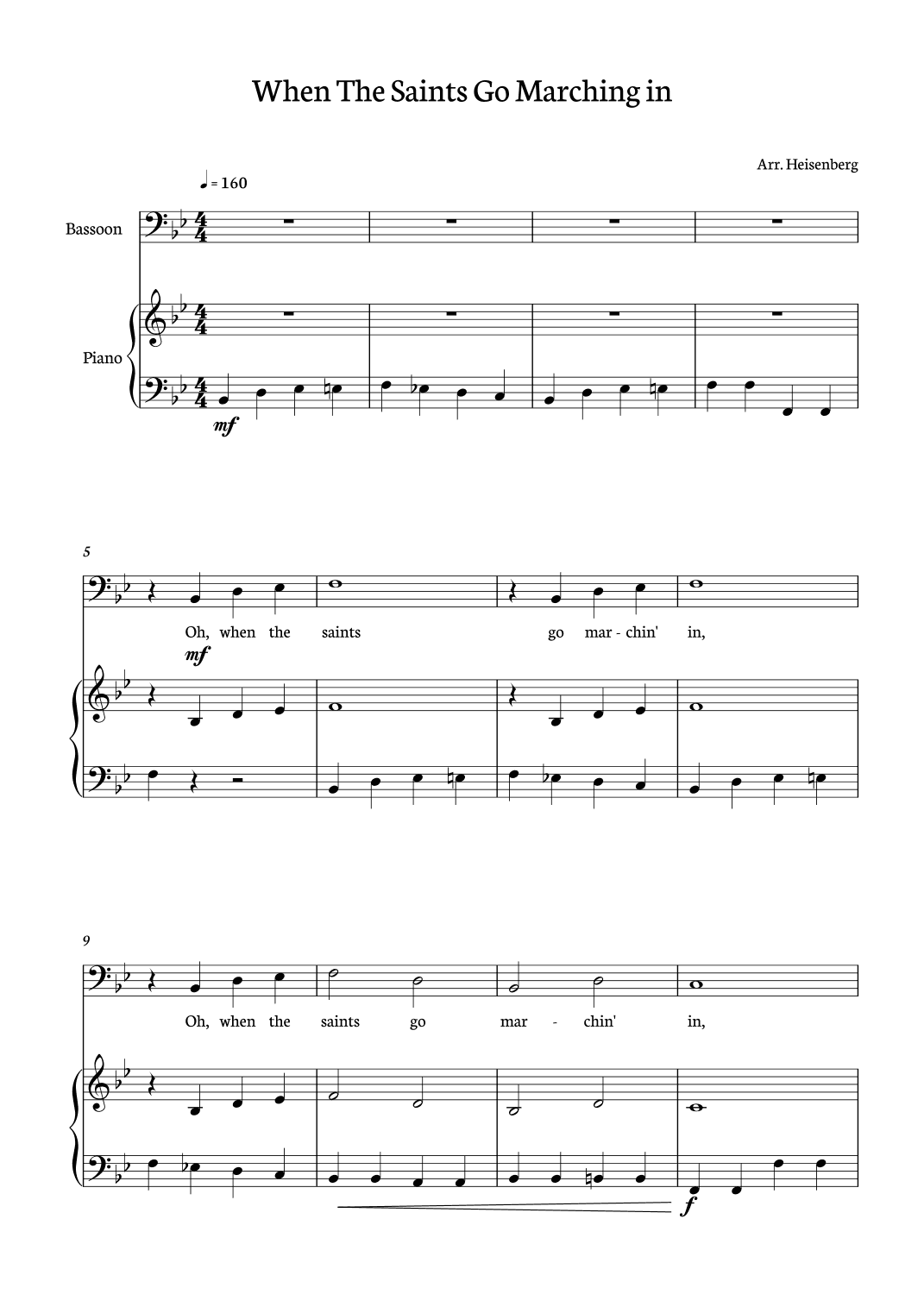 When The Saints Go Marching In for Bassoon with piano acompaniment and Lyrics (arr. Heisenberg)