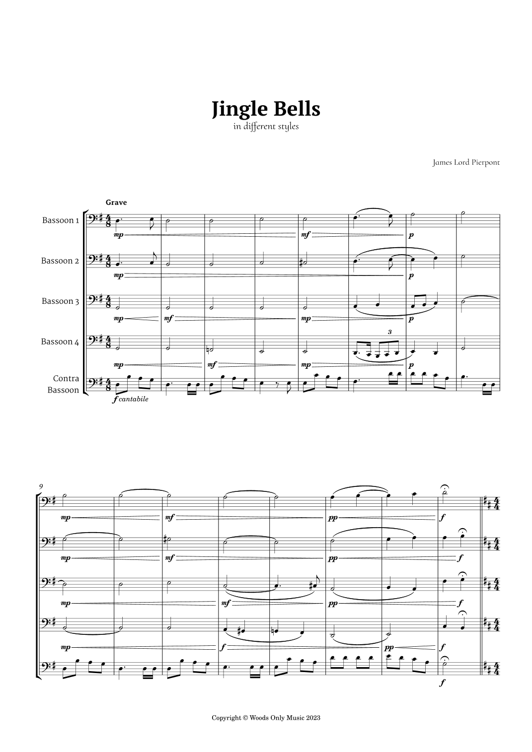 Jingle Bells in Different Styles for Bassoon Quintet (arr. Ander)