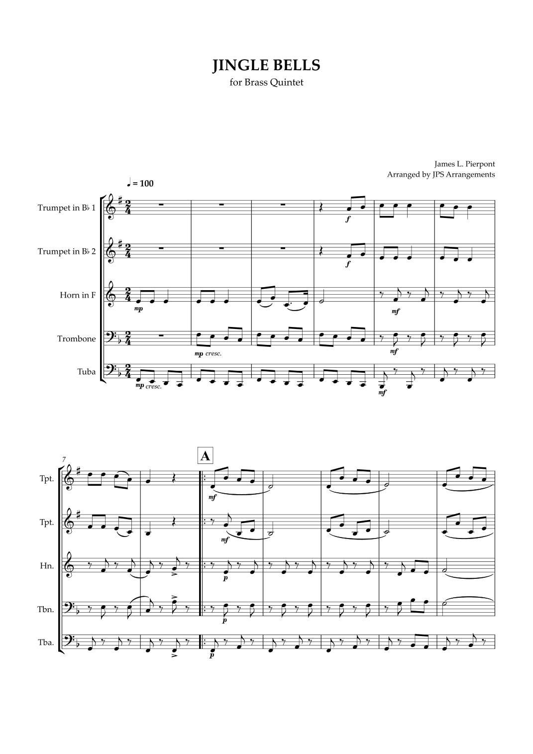 Jingle Bells for Brass Quintet in F major (arr. Jps Arrangements)