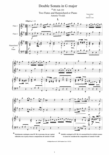 Vivaldi - Double Sonata in F major RV Anh 101 for Two Flutes and Harpsichord or Piano (arr. Santino Cara)