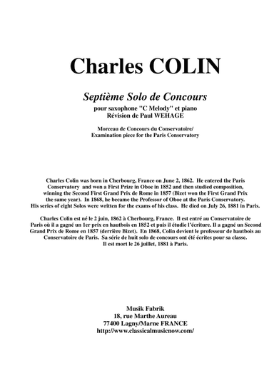 Charles Colin: Solo de Concours no. 7 for "C Melody" saxophone and piano, score and part (arr. Paul Wehage)