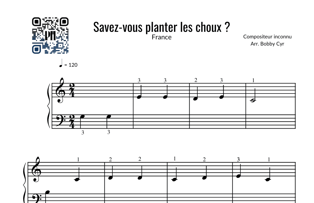 Savez-vous planter les choux ? - Comptines (piano facile) (arr. Bobby Cyr - Piano Notion)