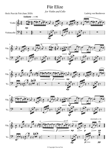 Für Elize - L von Beethoven (Violin & Cello) (arr. Peet du Toit)
