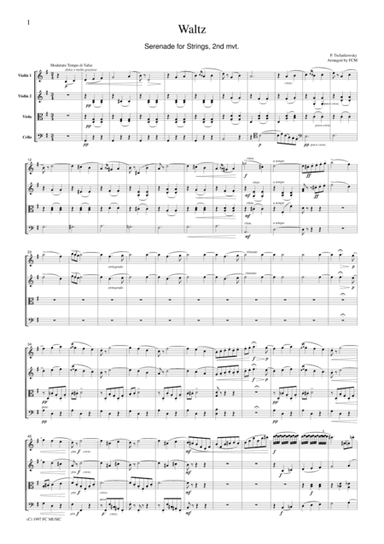 Tchaikowsky  Waltz (Serenade for Strings, 2nd mvt.), for string quartet, CT001 (arr. FCMUSIC)