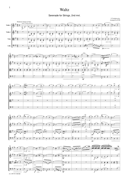 Tchaikowsky  Waltz (Serenade for Strings, 2nd mvt.), for string quartet, CT001 (arr. FCMUSIC)