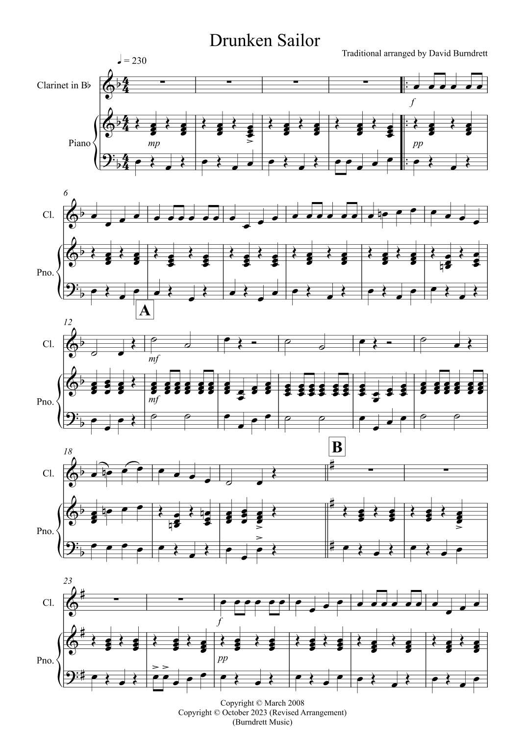 Drunken Sailor for Clarinet and PIano (arr. David Burndrett)