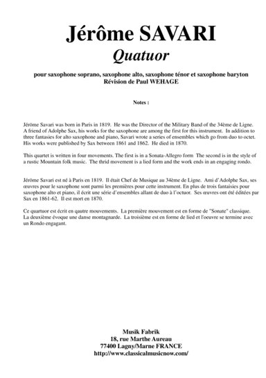 Jérôme Savari:  Quartet for SATB saxophone quartet (arr. Musik Fabrik Music Publishing)