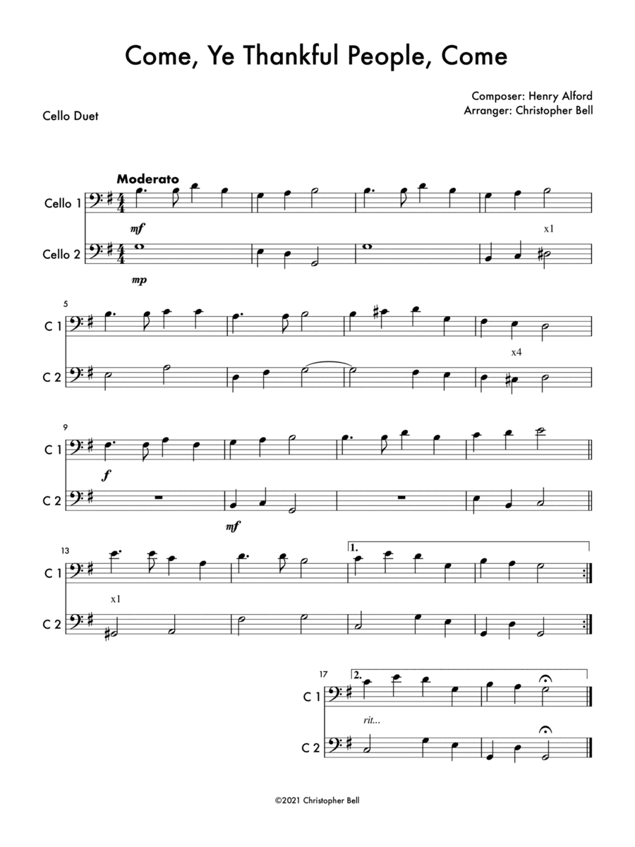 Come, Ye Thankful People, Come - Cello Duet (arr. Christopher Bell)