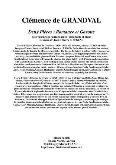 Clémence de Grandval: Deux Pièces: Romance et Gavotte for Bb soprano saxophone, violoncello and pian (arr. Jean-Thierry Boisseau)
