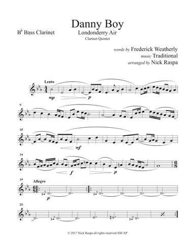 Danny Boy (Clarinet Quintet [Eb, Bb(2), B. Cl. & Cb. Cl.]) Bass Clarinet part (arr. Nick Raspa)