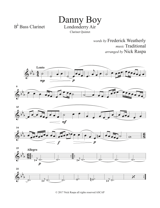 Danny Boy (Clarinet Quintet [Eb, Bb(2), B. Cl. & Cb. Cl.]) Bass Clarinet part (arr. Nick Raspa)