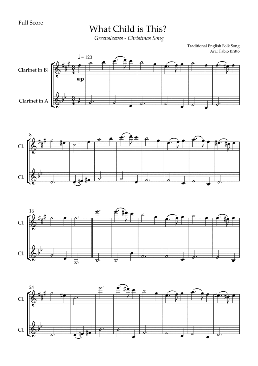 What Child is This? - Greensleeves (Christmas Song) for Clarinet in Bb & Clarinet in A Duo (arr. Fabio Britto)