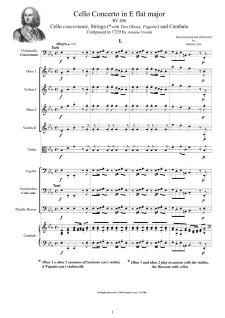 Vivaldi - Cello Concerto in E flat RV 408 for Cello, Strings (with Winds) and Cembalo (arr. Santino Cara)