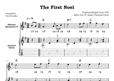 The First Noel - For Harmonica key G and Acoustic Guitar (with TAB) (arr. Yuri Noronha)
