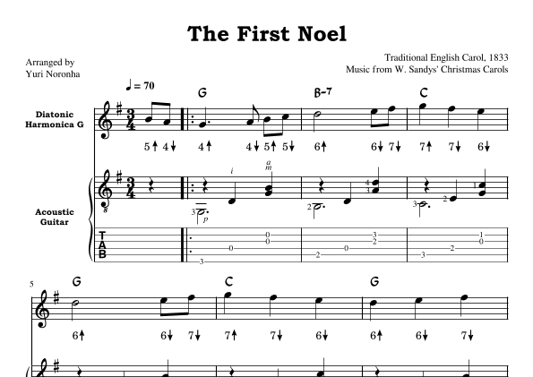 The First Noel - For Harmonica key G and Acoustic Guitar (with TAB) (arr. Yuri Noronha)