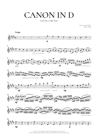 Canon in D (Clarinet Solo) - Johann Pachelbel (arr. Pedro Merendi)