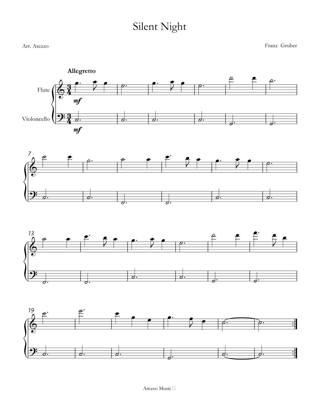 Silent Night carol for beginners sheet music for Flute and Cello (arr. Arezzo Music)