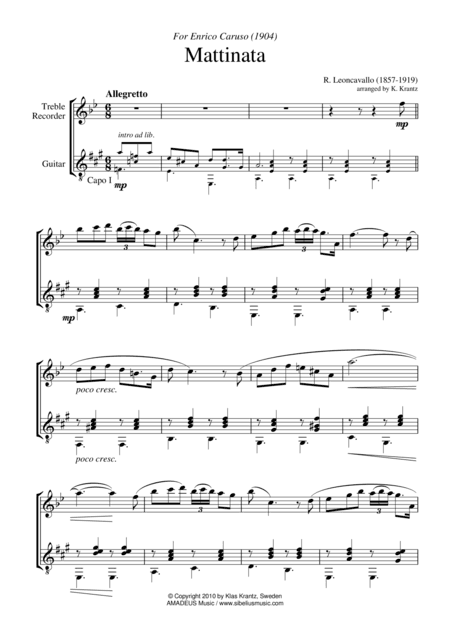 Mattinata for treble recorder and guitar (arr. Amadeus Music)