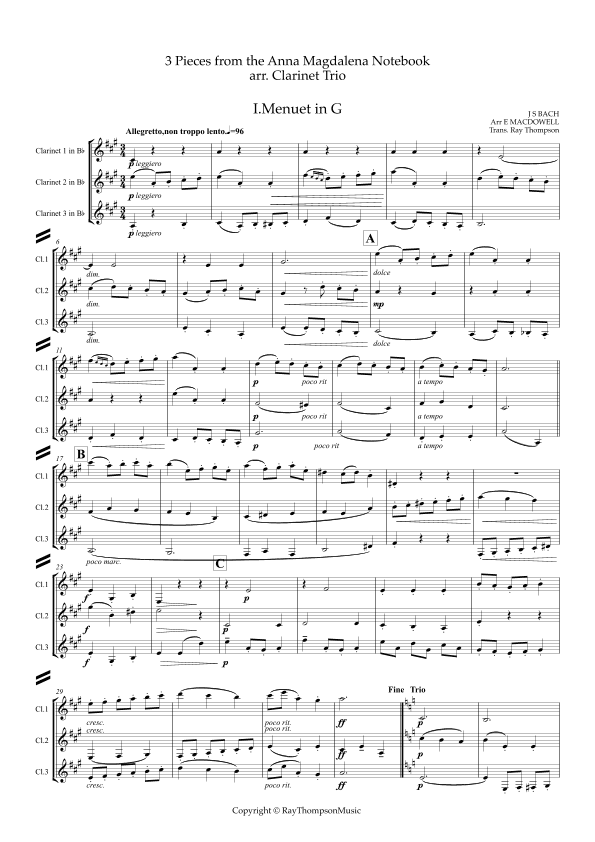MacDowell: 3 Movements from 6 Little Pieces by J S Bach (Anna Magdalena Notebook) - clarinet trio (arr. RayThompsonMusic)
