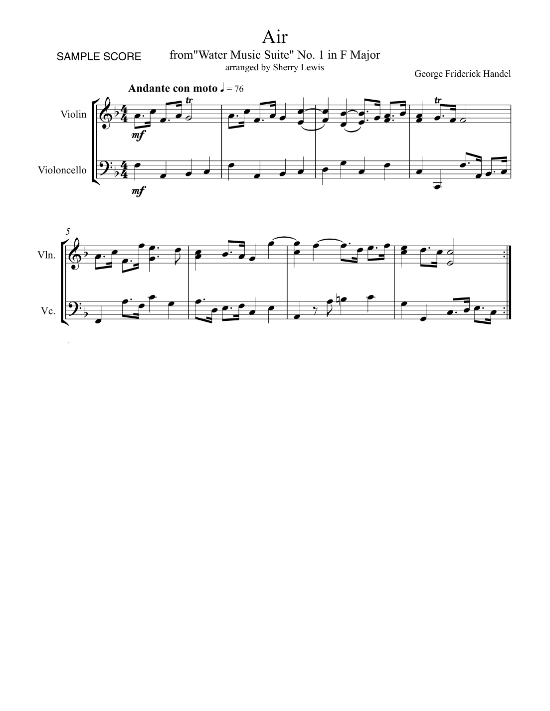 AIR from Water Music String Duo, Intermediate Level for violin and cello (arr. Sherry Lewis)