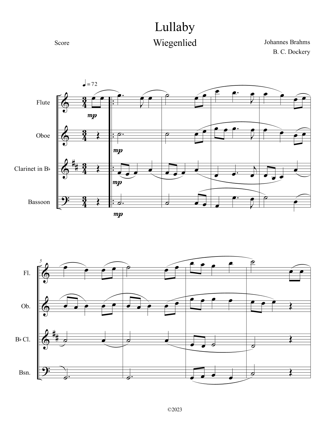 Brahms's Lullaby (Woodwind Quartet) (arr. B. C. Dockery)
