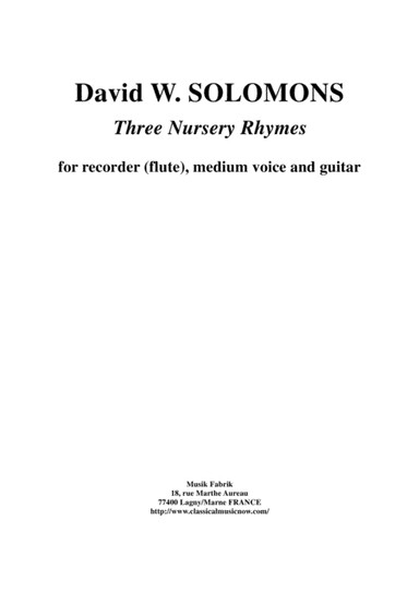 Three Nursery Rhymes for voice, recorder (or flute) and guitar (arr. David Warin Solomons)