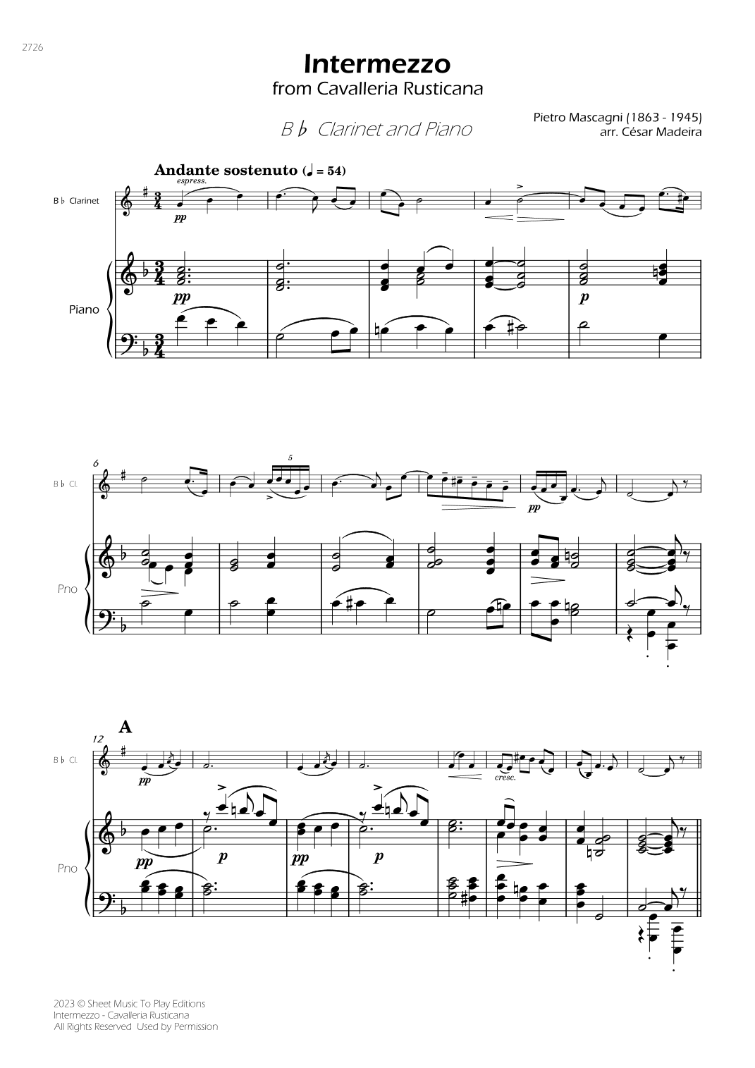 Intermezzo from Cavalleria Rusticana - Bb Clarinet and Piano (Full Score) (arr. César Madeira)