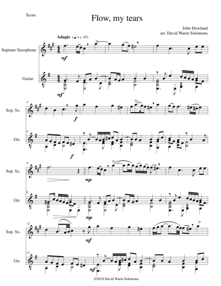 Flow my tears for soprano saxophone and guitar (with divisions) (arr. David Warin Solomons)
