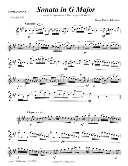 Telemann: Four Sonatas for Soprano Sax & Piano (arr. James Guthrie, ASCAP)
