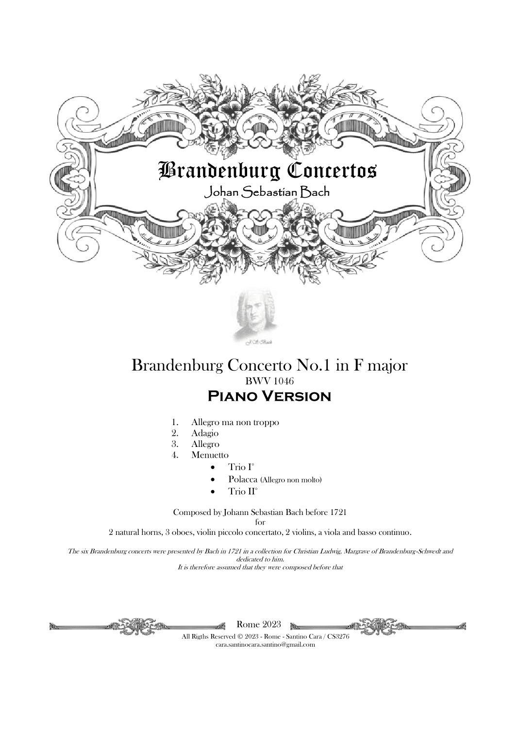 Bach - Brandenburg Concerto No.1 in F major BWV 1046 - Piano Version (arr. Santino Cara)