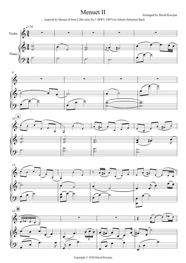 Menuet II - INTERMEDIATE (violin & piano) (arr. David Kocijan)
