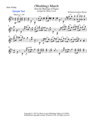 MARCH FROM THE MARRIAGE OF FIGARO, Mozart, Violin Solo, Intermediate Level (arr. Sherry Lewis)