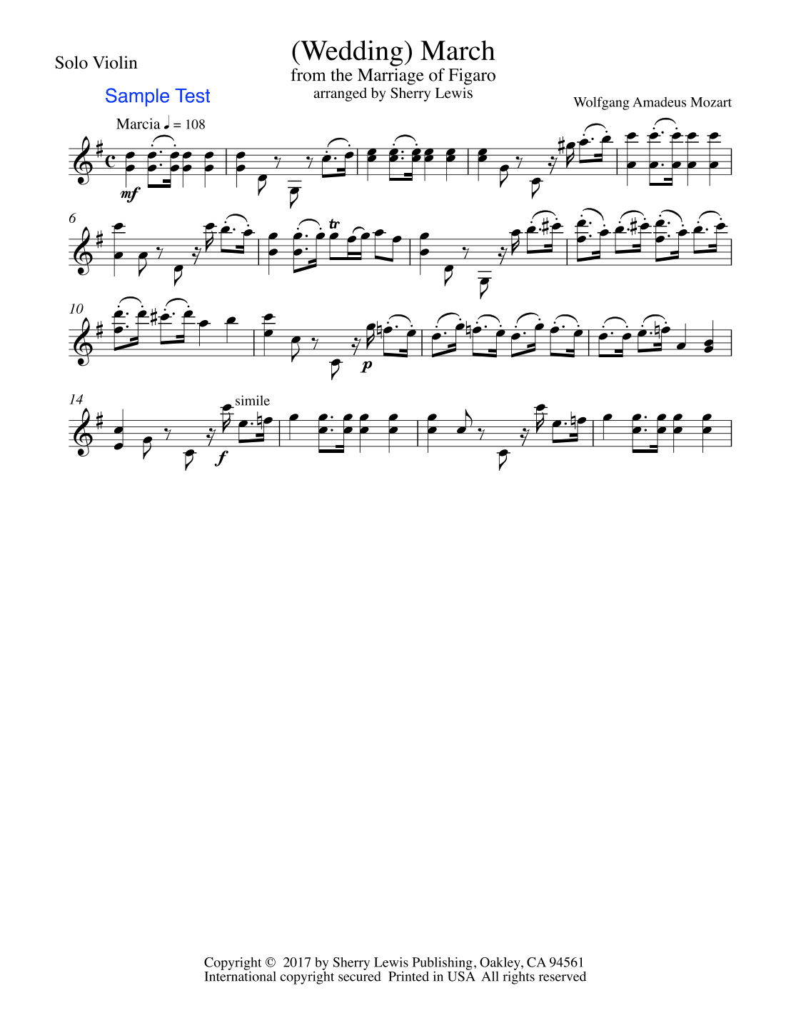 MARCH FROM THE MARRIAGE OF FIGARO, Mozart, Violin Solo, Intermediate Level (arr. Sherry Lewis)