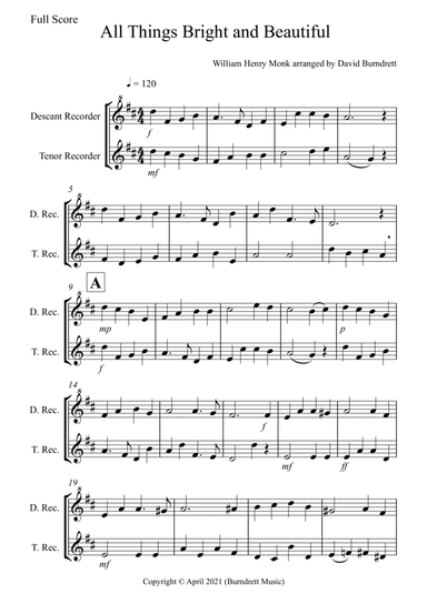All Things Bright and Beautiful for Recorder Duet (arr. David Burndrett)