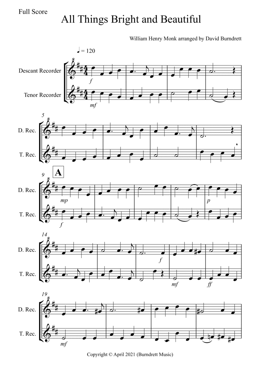 All Things Bright and Beautiful for Recorder Duet (arr. David Burndrett)