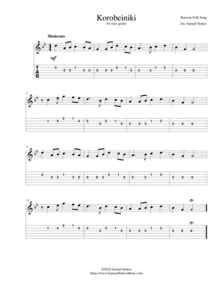 Korobeiniki (Korobushka) - for easy guitar with TAB (arr. Samuel Stokes)