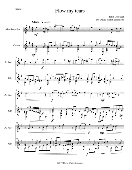 Flow my tears for alto recorder and guitar (without divisions) (arr. David Warin Solomons)