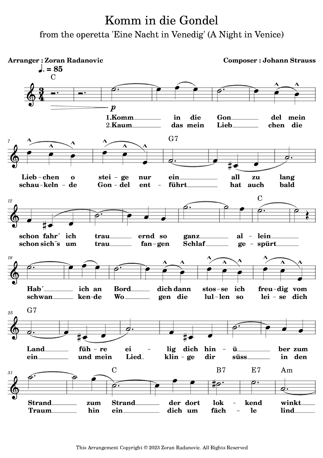 Komm in die Gondel - lead sheet (arr. Zoran Radanovic)