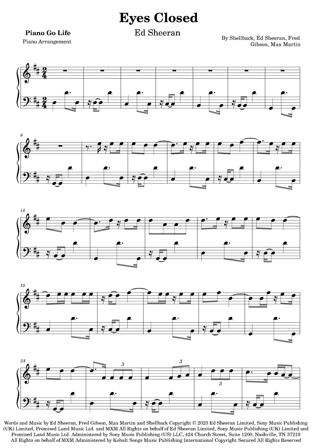 Eyes Closed (arr. Piano Go Life)