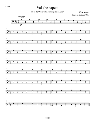 Voi che sapete, aria from The Marriage of Figaro. Easy. String orchestra. Score & parts. (arr. Laura C. Quijada Ortíz)